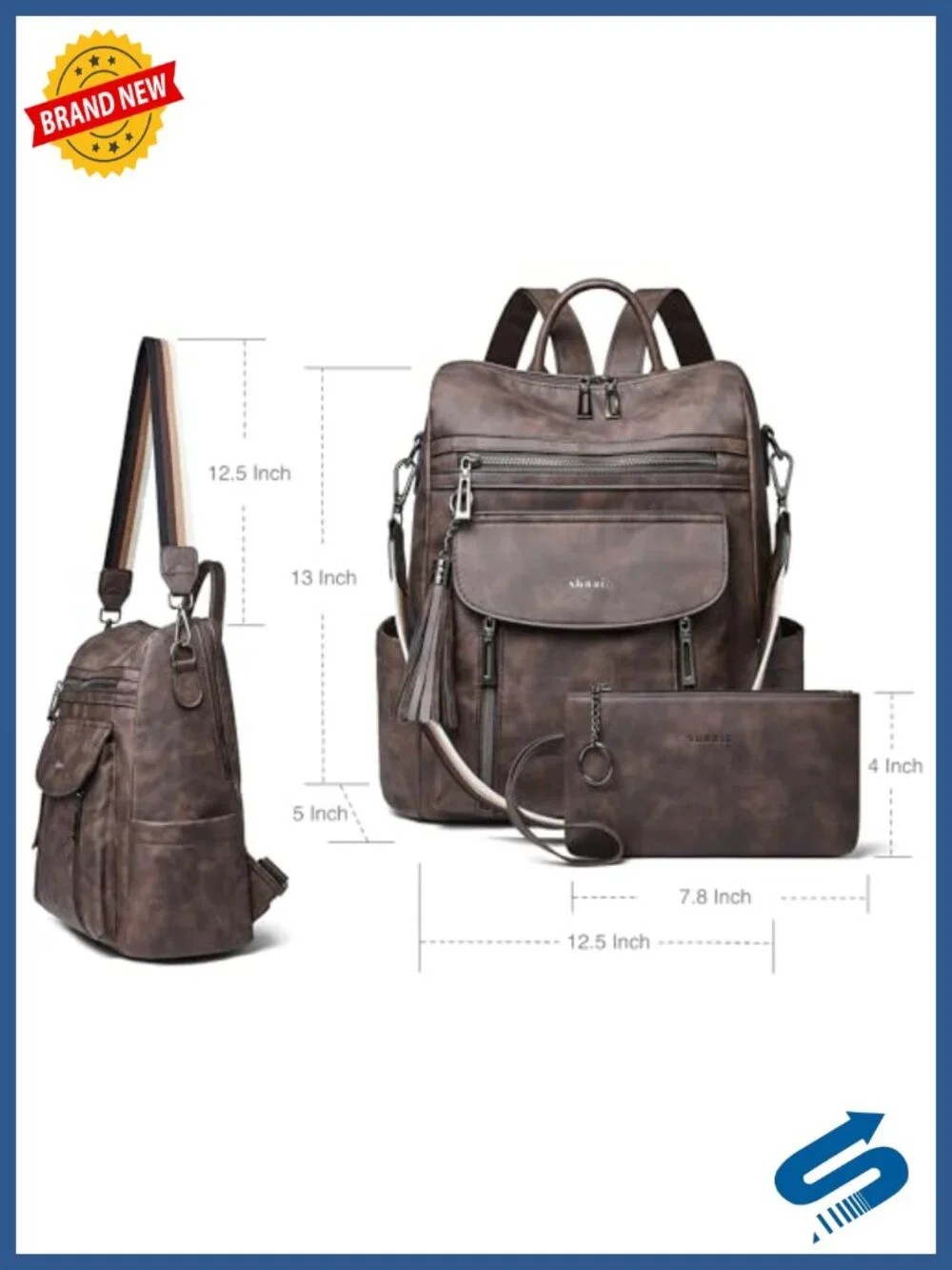Faux Leather Backpack Purse Convertible Shoulder Bag with Wristlet Travel